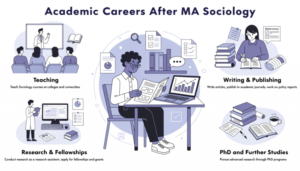 Infographic illustrating academic career options after MA Sociology, including university teaching, research assistantships, fellowships, writing and doctoral studies.