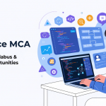 Featured image illustrating Distance MCA through an IT professional using a laptop with programming and digital learning visuals.