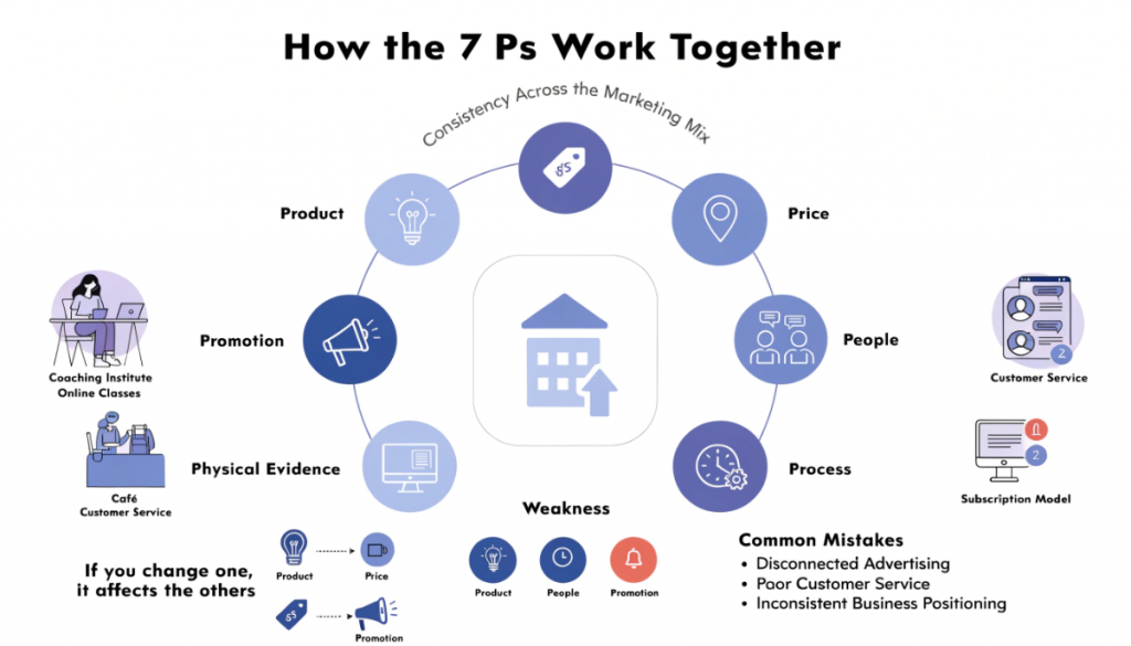 Infographic showing how the seven Ps of marketing work together, with examples from coaching institutes, cafés and mobile app businesses and a focus on consistency and customer experience.