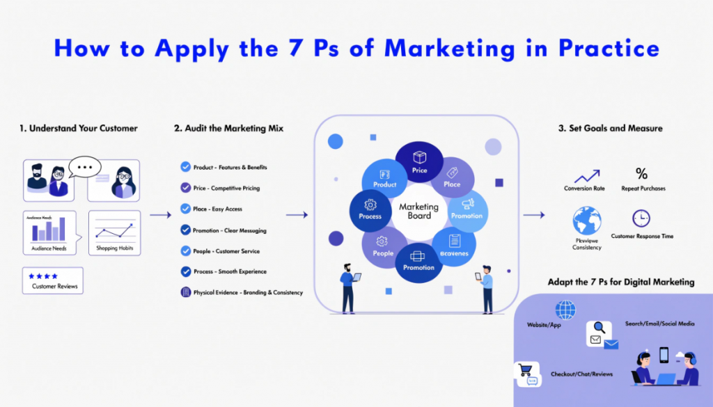 Infographic explaining how to apply the seven Ps of marketing through customer research, a marketing mix audit, measurable goals and digital marketing channel