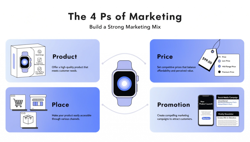 Infographic illustrating the four Ps of marketing: Product, Price, Place and Promotion, with examples of product design, pricing strategies, distribution channels and advertising.