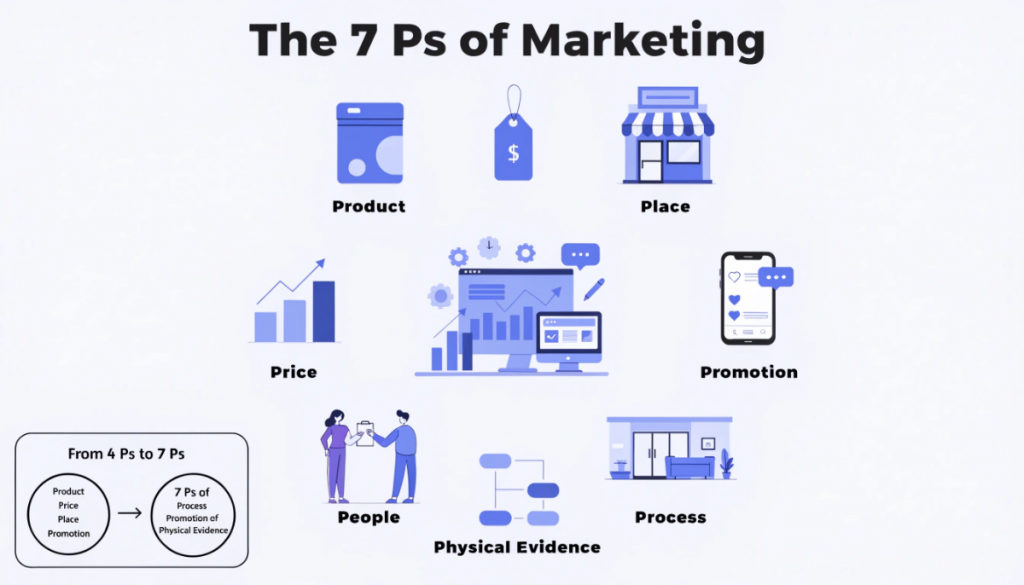 Infographic explaining the seven Ps of marketing: Product, Price, Place, Promotion, People, Process and Physical Evidence, with a visual reference to the extended marketing mix.