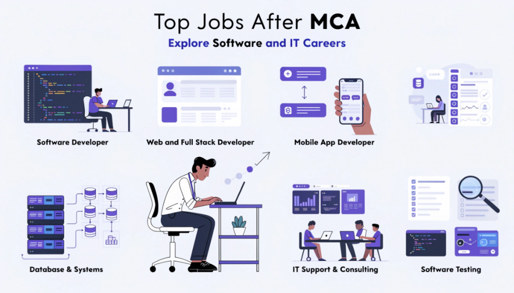Infographic highlighting six career options after MCA, including software development, full stack development, mobile app development, database administration, IT consulting and software testing.