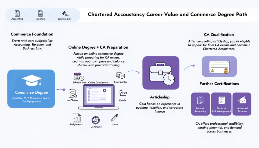 Commerce degree and CA preparation pathway showing online learning flexibility, articleship, CA qualification and further finance certifications.