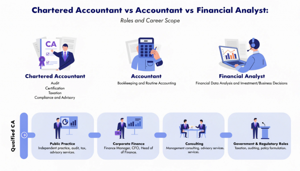 Comparison of Chartered Accountant, general accountant and financial analyst roles with career opportunities in practice, corporate finance, consulting and government.