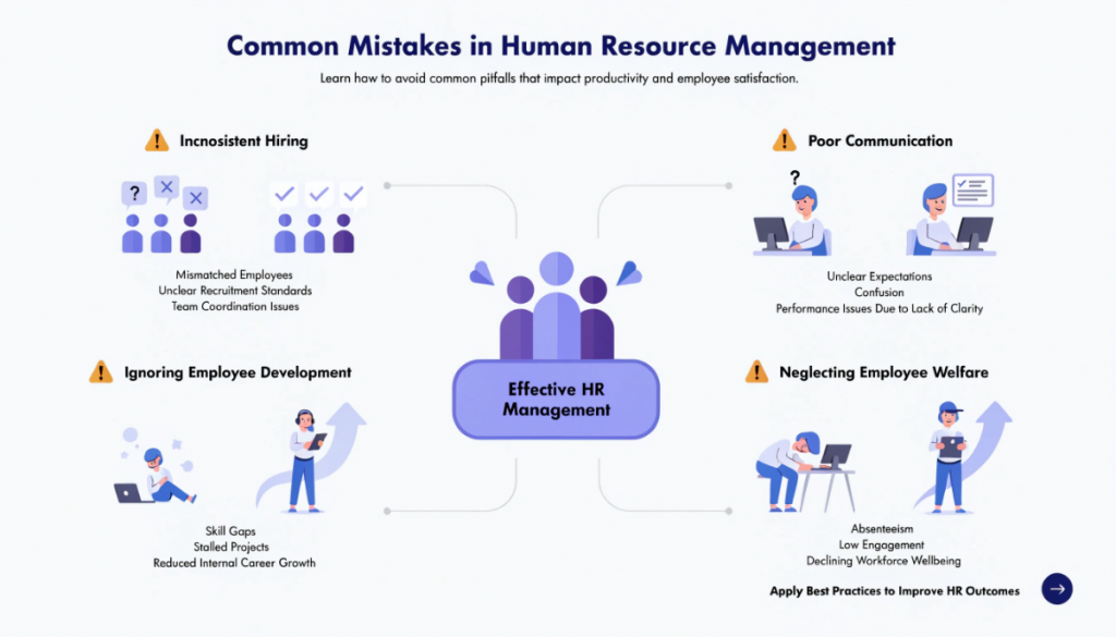 Common HR management mistakes including inconsistent hiring, poor employee development, unclear communication and neglected employee welfare.