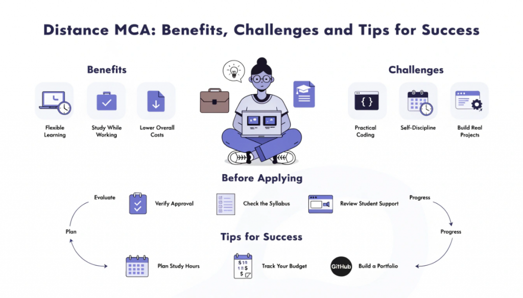 Infographic illustrating the benefits and challenges of distance MCA, including flexible study, cost planning, self-discipline, coding practice, program approval and career preparation.