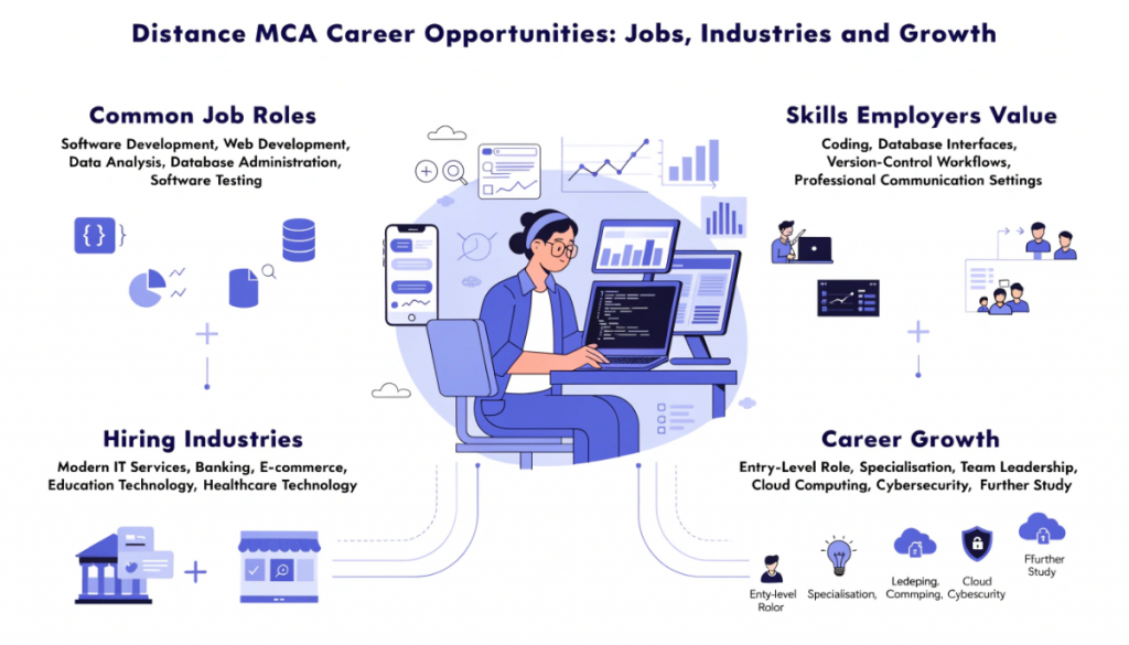 Infographic illustrating Distance MCA career opportunities across software development, web development, data analysis, database administration and software testing, with relevant technical skills and future growth pathways.