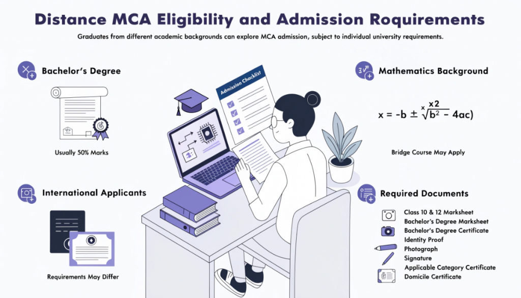 Infographic outlining Distance MCA eligibility, bachelor's degree requirements, mathematics or bridge course considerations, international applicant documentation and essential admission documents.