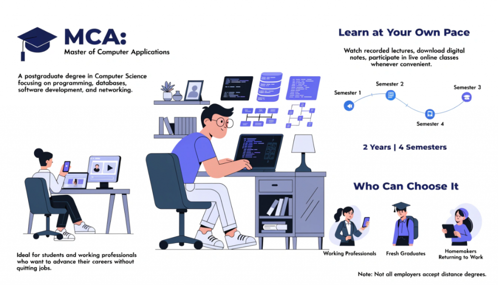 Infographic explaining distance MCA, flexible online learning, the two-year four-semester structure and its suitability for working professionals, fresh graduates and homemakers.