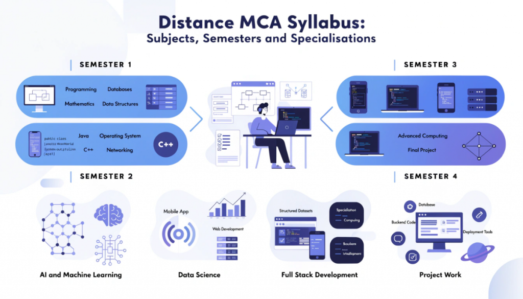 Infographic showing the Distance MCA syllabus progression across four semesters, from programming and databases to advanced computing, project work and specialisations in AI and machine learning, data science and full stack development.