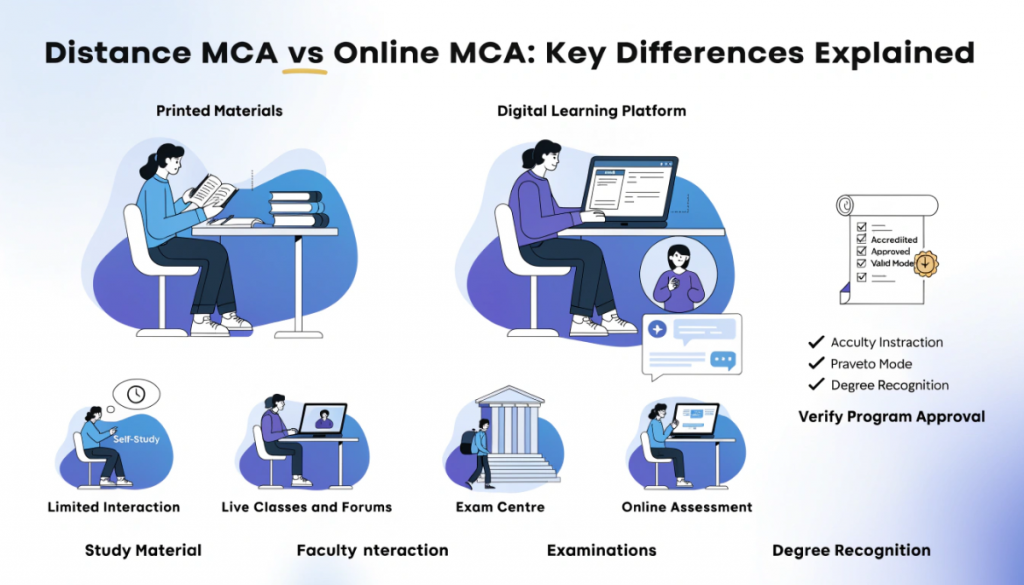 Comparison infographic showing differences between traditional distance MCA and online MCA in study materials, faculty interaction, examinations and degree approval.
