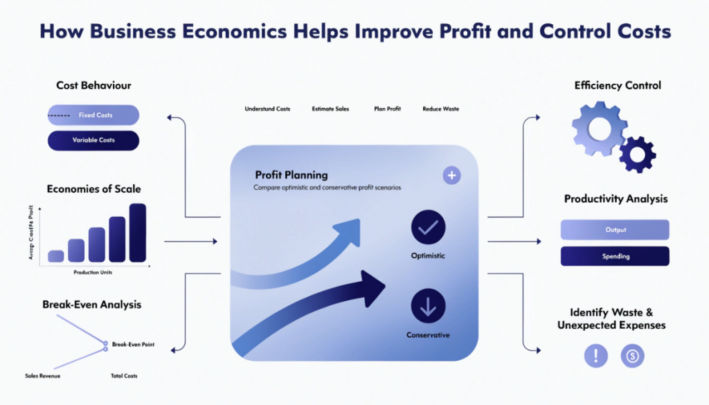 How business economics supports profit planning through cost behaviour analysis, break-even points, forecasting and cost control.