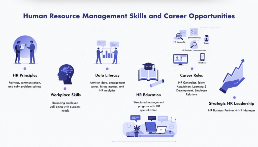 Human resource management skills, education and career progression from HR principles to strategic HR leadership roles.
