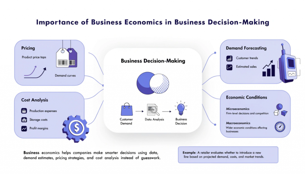 Importance of business economics in pricing, cost analysis, demand forecasting and data-driven business decisions.