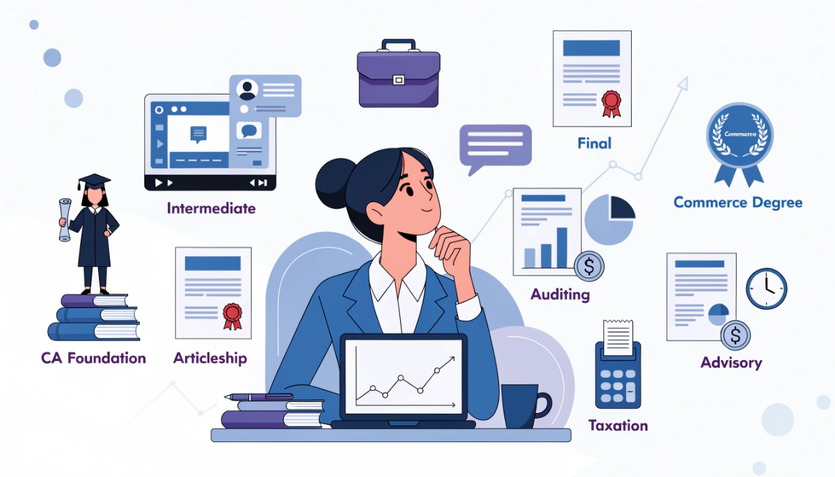 Featured image showing a Chartered Accountant career journey from education and articleship to auditing, taxation, advisory and professional finance roles.
